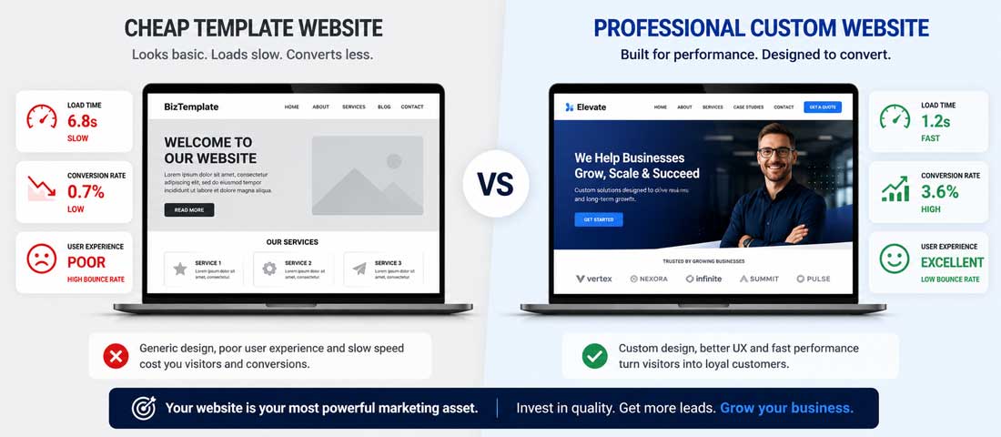 Side-by-side comparison showing a cheap template-based website on the left with slow load times and poor conversion metrics, alongside a professionally designed custom website on the right with strong performance indicators