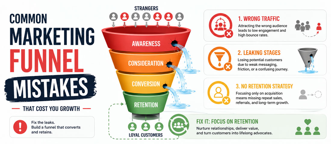 Visualisation of common marketing funnel mistakes including chasing the wrong traffic, rushing the consideration stage, ignoring retention and never measuring stage-to-stage movement