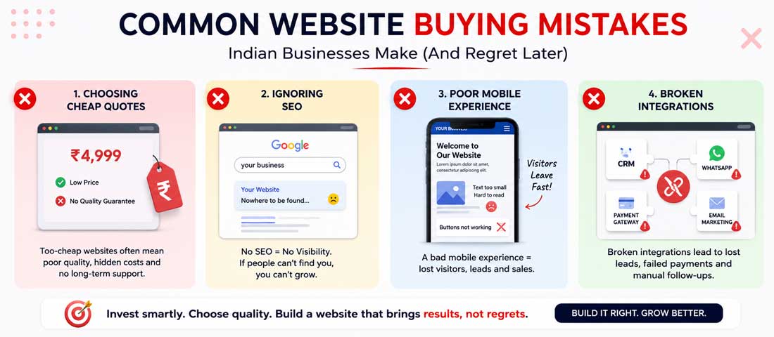 Visual representation of common mistakes businesses make when buying a website including taking the cheapest quote, skipping SEO architecture, missing mobile optimization and poor post-launch support
