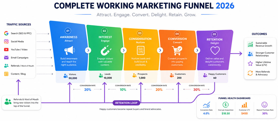 Final image showing a complete, well-functioning marketing funnel for 2026 with healthy conversion between all four stages and a retention loop feeding satisfied customers back to the top