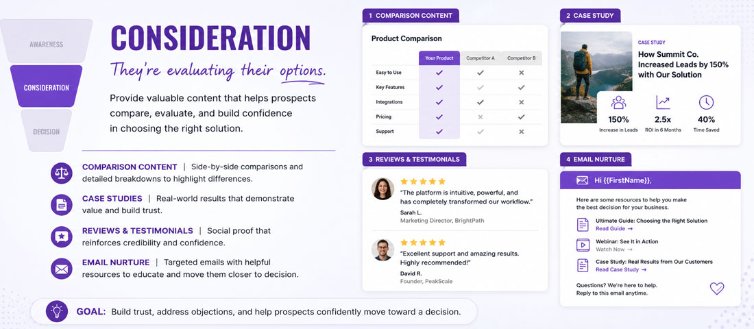 Visualisation of the consideration stage of a marketing funnel showing comparison content, case studies, customer reviews and email nurture sequences working together to build trust