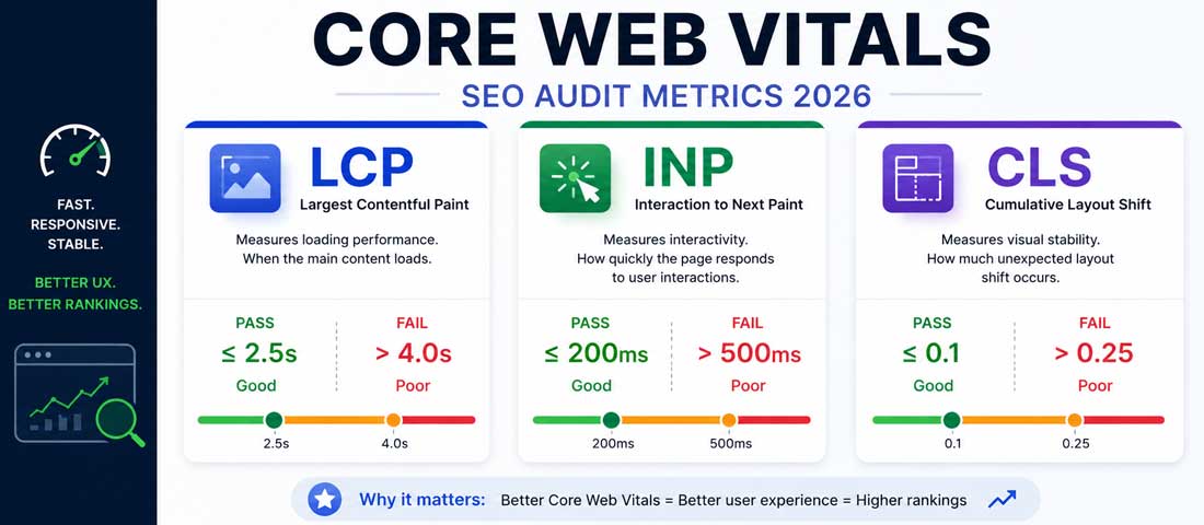 Visualisation of the three Core Web Vitals metrics — Largest Contentful Paint, Interaction to Next Paint and Cumulative Layout Shift — shown with their pass and fail thresholds for an SEO audit