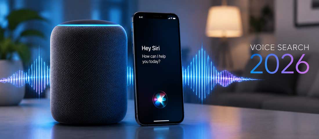 Hero image showing a smart speaker, a smartphone with voice assistant active and a stylised voice waveform representing voice search optimisation in 2026