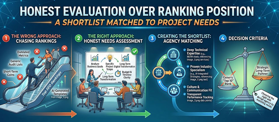 Visual representing the idea of choosing a web design agency by matching described strengths to project needs rather than trusting a numbered ranking position