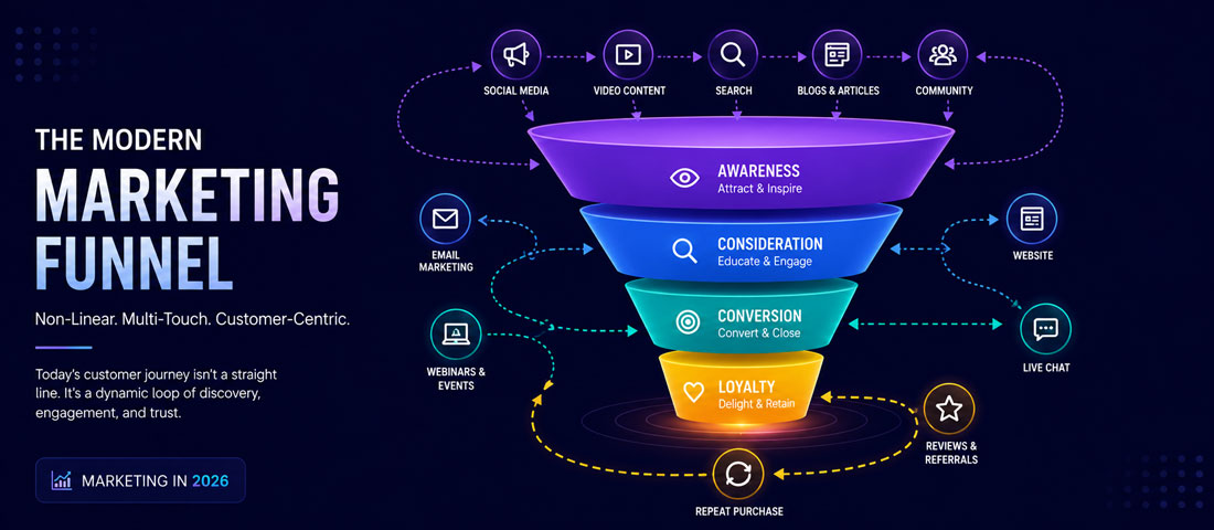 Hero image showing a modern non-linear marketing funnel for 2026 with multiple connected touchpoints, feedback loops and stages from awareness through to advocacy