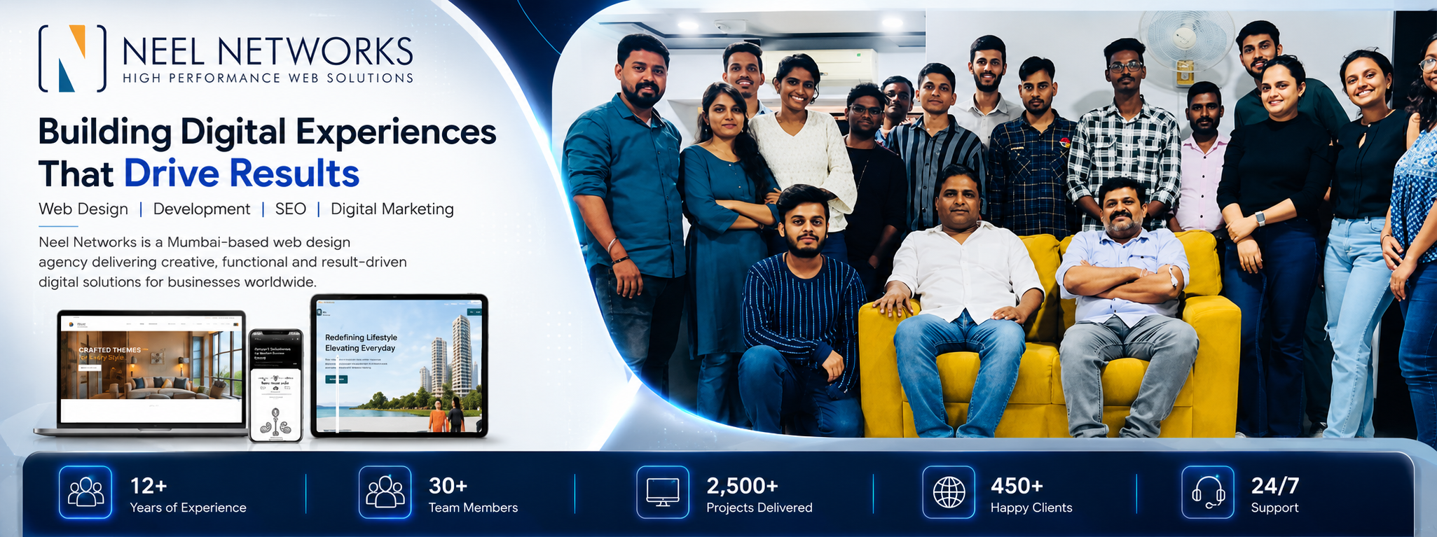 Final image showing the Neel Networks web design agency workspace in Mumbai with portfolio examples on screen, client logos from across twenty countries and recognition for delivering 2500 plus websites over twelve years