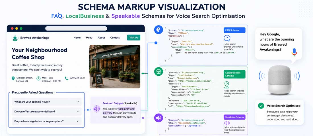 Technical visualisation of structured data and schema markup including FAQPage, LocalBusiness and Speakable schemas highlighted on a webpage for voice search optimisation