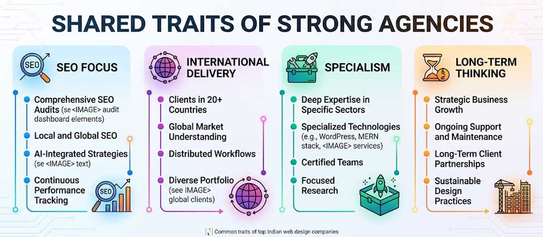 Visual representing the shared characteristics of the strongest Indian web design companies including SEO-integrated design, international delivery experience, honest specialism and long-term client thinking