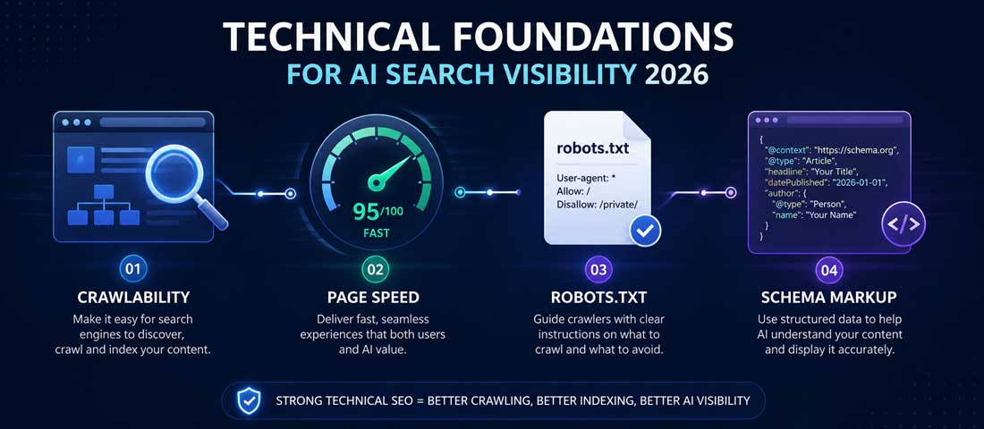 Visualisation of the technical foundations required for AI search visibility including crawlability, page speed optimisation, robots.txt access for AI crawlers, and structured schema markup implementation