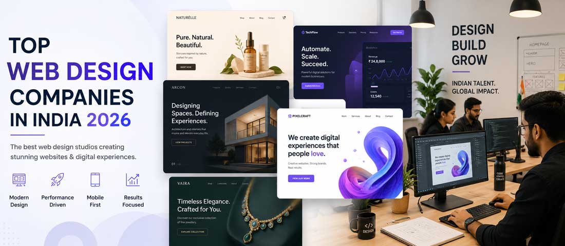 Hero image showing a collage of modern, professionally designed websites alongside a contemporary Indian web design studio workspace representing the top web design companies in India in 2026