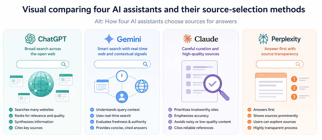 Visual comparison of how ChatGPT, Gemini, Claude and Perplexity each choose the sources they cite in their answers, showing the difference between training data and live retrieval methods