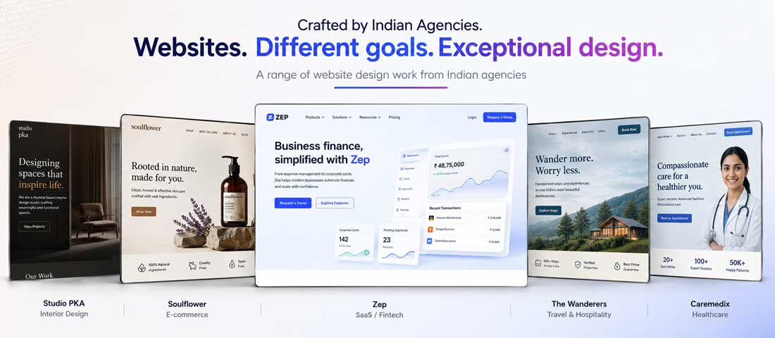 Visual showing a range of professionally designed websites across different industries representing the variety of work delivered by leading Indian web design agencies