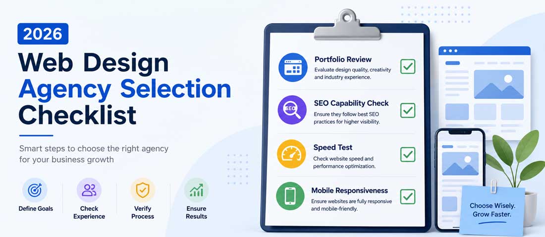 Visual checklist for evaluating Indian web design agencies showing portfolio review, SEO capability assessment, website speed testing, mobile responsiveness audit and long-term support evaluation criteria