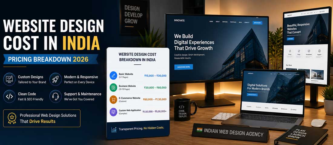 Hero image showing a professional Indian web design agency workspace with multiple monitors displaying modern website mockups alongside a pricing breakdown chart for different website categories in 2026