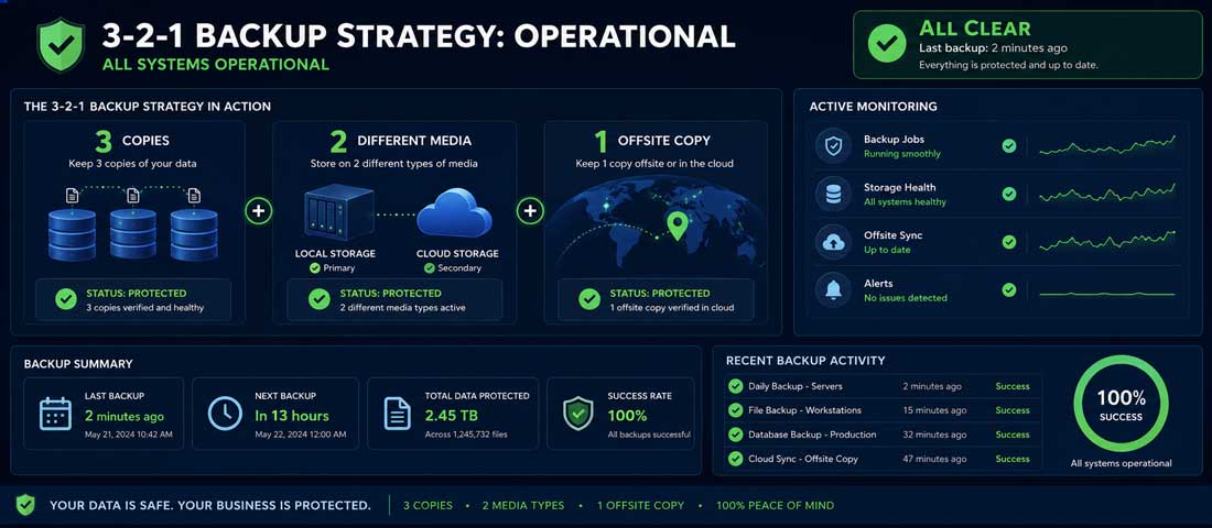 Final image showing a complete 3-2-1 backup strategy in operation with all three layers running, off-site storage active, monitoring confirming success, and a green status dashboard indicating verified recovery readiness