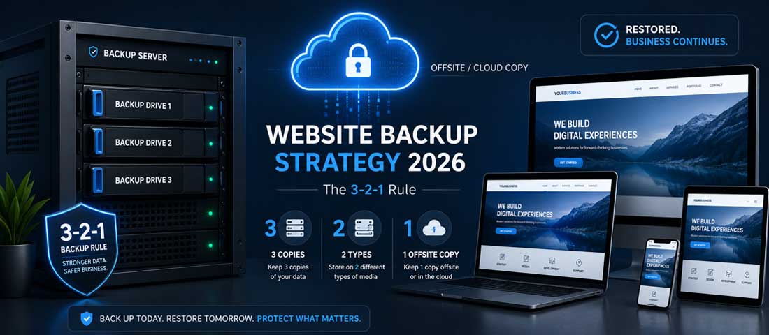 Hero image showing the 3-2-1 backup strategy in practice for a business website in 2026 — three copies of data, two different storage media, and one off-site copy in cloud storage
