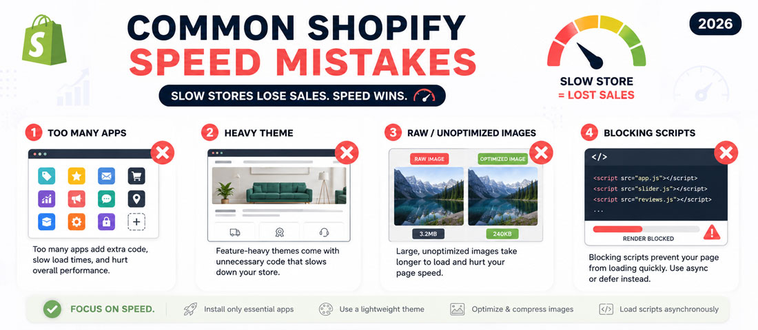 Visualisation of common Shopify speed mistakes including installing too many apps, choosing heavy themes, uploading unoptimised images, blocking third-party scripts and ignoring Core Web Vitals