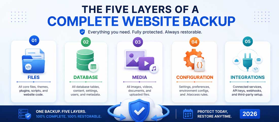 Visualisation of the five layers of a complete website backup including the file system, the database, media uploads, server configuration and external service integrations all captured together