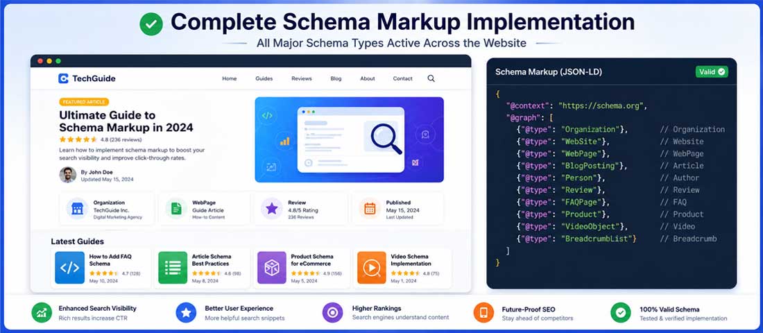 Final image showing a complete schema markup implementation across a website with Organization, LocalBusiness, Article, FAQ and Product schemas all active and producing rich search results across the SERP