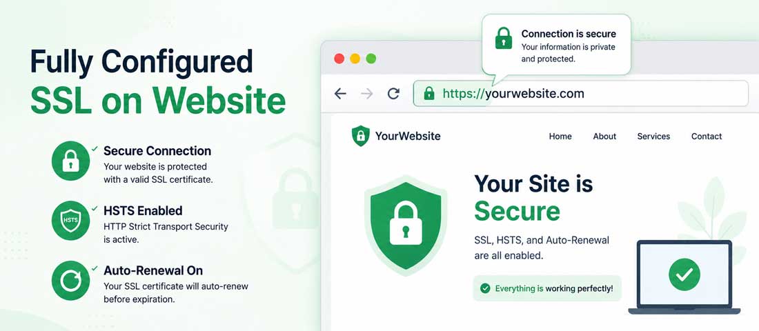 Final image showing a website fully configured with SSL — green padlock visible in browser, HSTS enabled, automatic renewal verified and no mixed content warnings detected