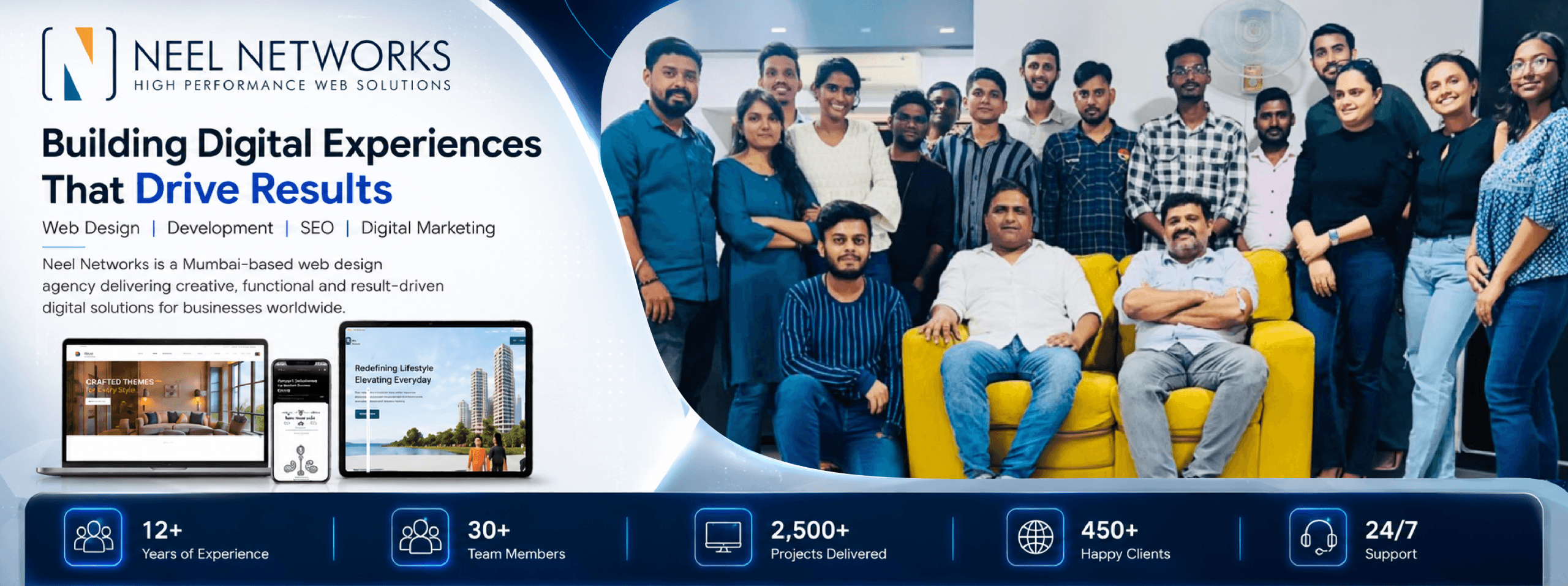 Final image showing the Neel Networks web design agency workspace in Mumbai with portfolio examples on screen, client logos from across twenty countries and recognition for delivering 2500 plus websites over twelve years