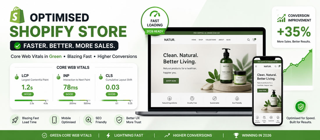 Final image showing an optimised Shopify store achieving green Core Web Vitals scores, fast load metrics across mobile and desktop, and measurable conversion rate improvement after free optimisation work