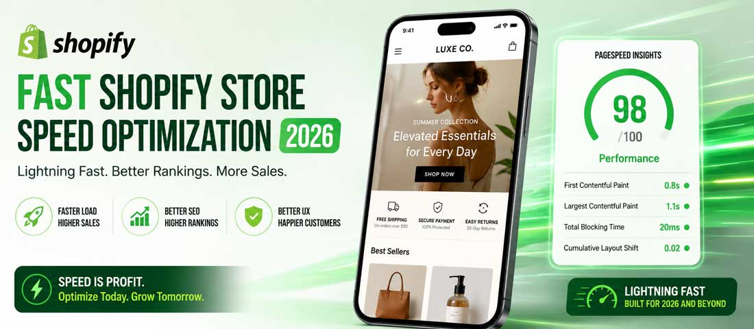 Hero image showing a fast-loading Shopify store displayed on a mobile device alongside green PageSpeed Insights metrics indicating excellent Core Web Vitals scores in 2026