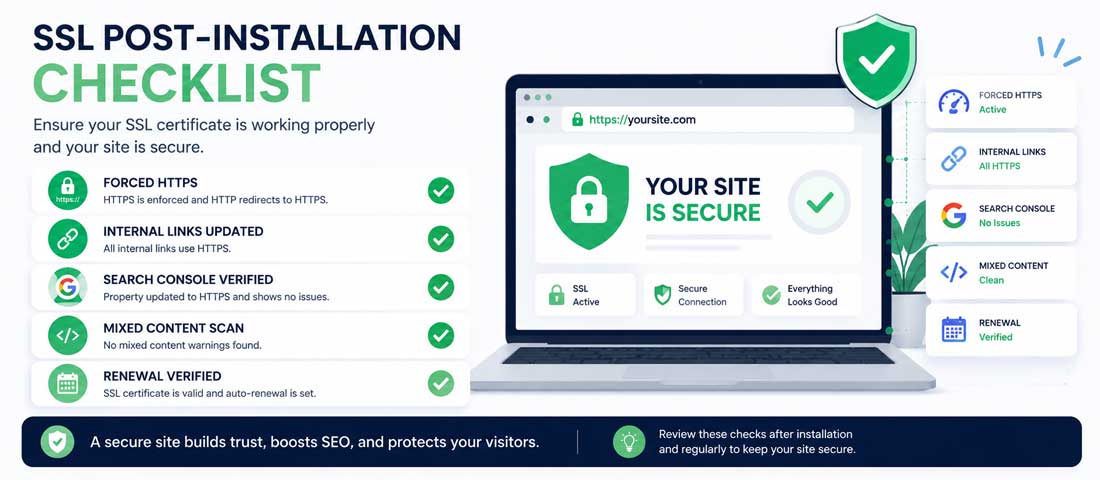 Visualisation of the post-installation SSL checklist showing forced HTTPS redirect, updated internal links, Google Search Console reconfigured, mixed content scan completed and automatic renewal verified
