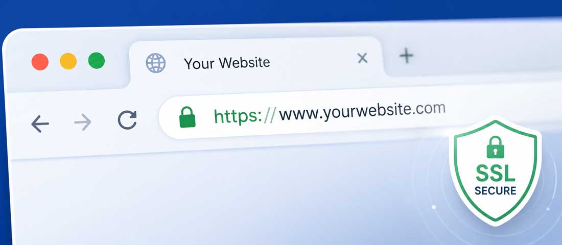 Hero image showing a web browser address bar displaying the green padlock icon and HTTPS secure indicator after a successful SSL certificate installation