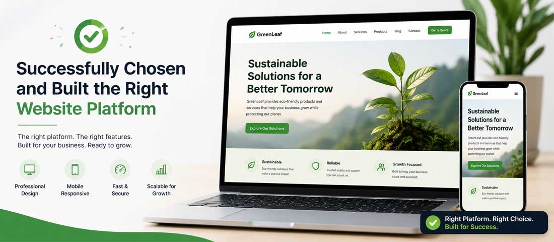 Final image showing a successful business website built on the platform appropriate to its needs — clean design, strong performance, sustainable maintenance, and clear business outcomes from the decision made well