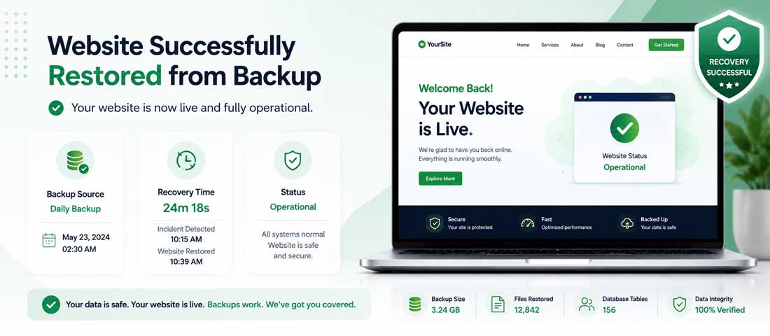 Visualisation of a successful website restoration from backup after an incident, showing metrics including recovery time, data completeness percentage and the verified restore process that worked when needed