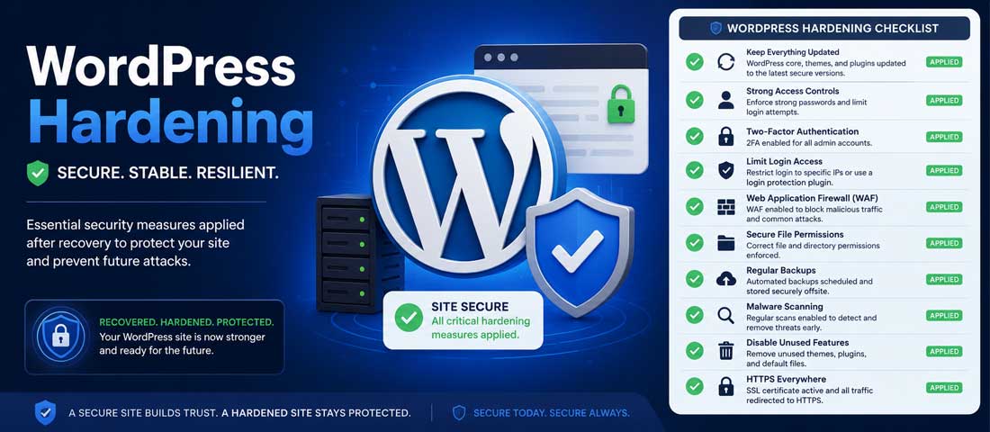 Visualisation of a WordPress hardening checklist after recovery showing updates applied, two-factor authentication enabled, security plugin configured, backups set up, user accounts audited and a web application firewall protecting the site