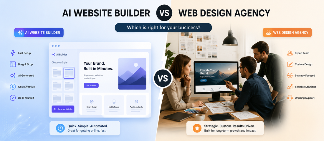 Hero image showing the business owner's decision between using an AI website builder interface generating a template site versus commissioning a human web design agency team for a bespoke build