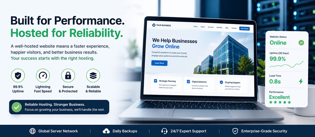 Final image showing a well-hosted business website performing reliably with strong uptime, fast page loads, healthy Core Web Vitals scores and predictable resource usage matching the chosen hosting tier