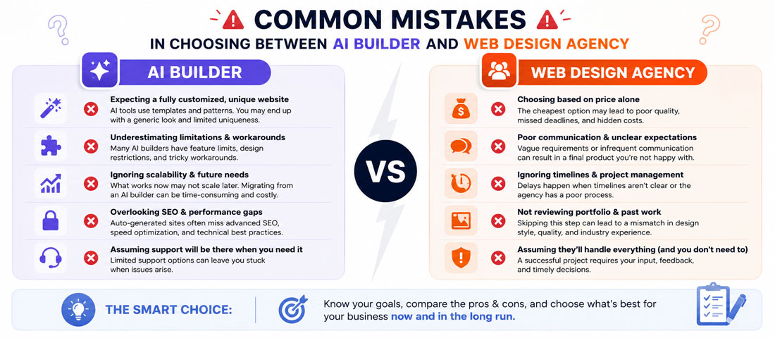 Visualisation of the common mistakes businesses make on both sides of the AI website builder versus web design agency decision including underestimating hidden costs, overbuilding, choosing on price alone and ignoring long-term needs