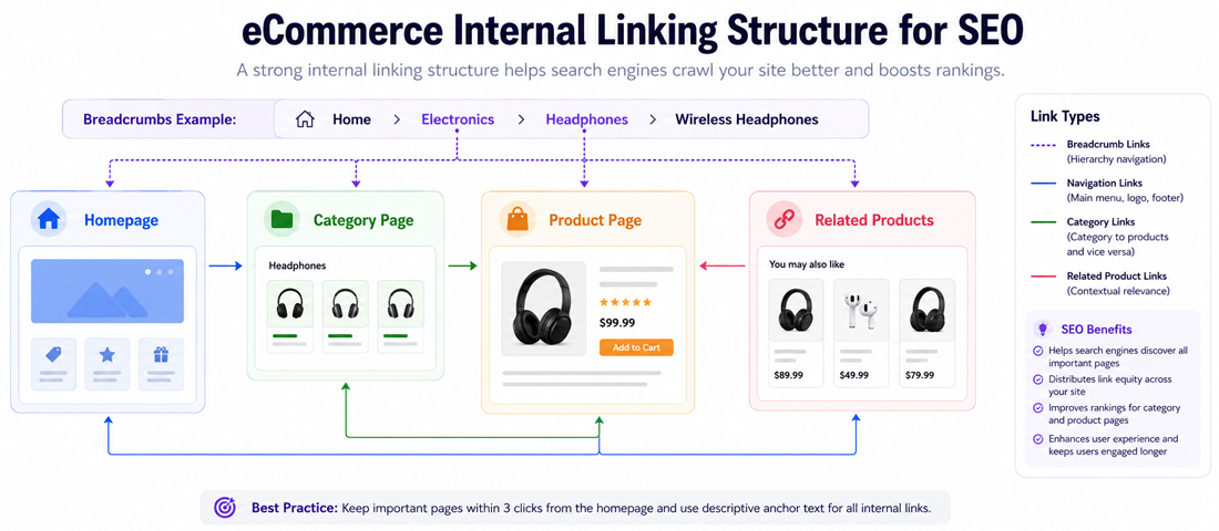 Visualisation of the four-layer internal linking structure for eCommerce product page SEO including breadcrumb navigation, category and subcategory links, related products and contextual links within product descriptions