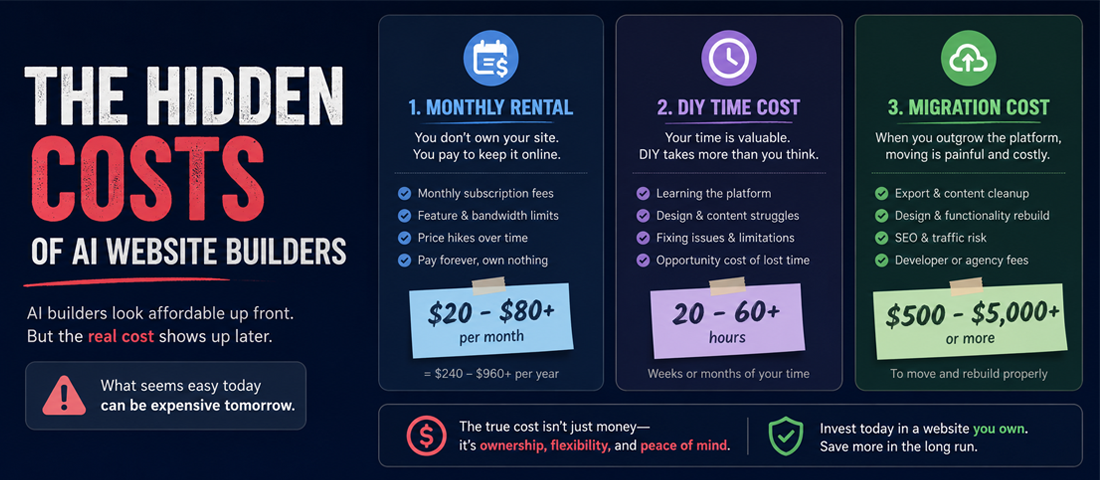 Visualisation of the hidden costs of AI website builders including monthly rental over three years, DIY time on strategy and SEO, platform lock-in, and eventual migration cost when the business outgrows the platform