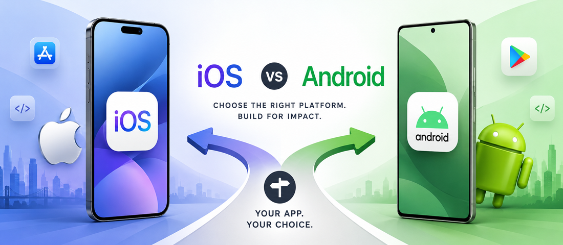 Hero image showing iOS and Android mobile platforms side by side with decision arrows representing the strategic choice founders face when deciding which to build first