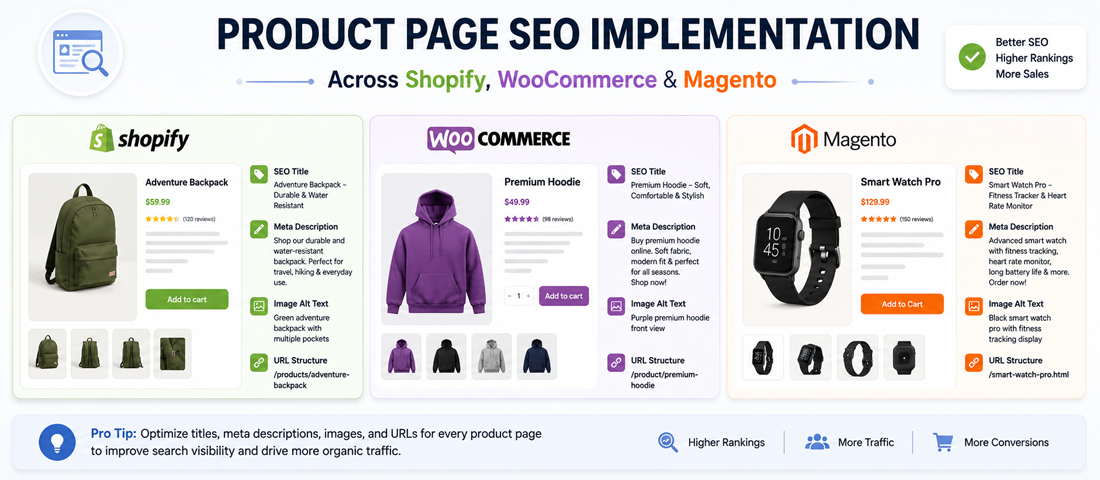 Visualisation showing how product page SEO implementation differs across Shopify, WooCommerce and Magento platforms with their default strengths and the additional work each platform requires
