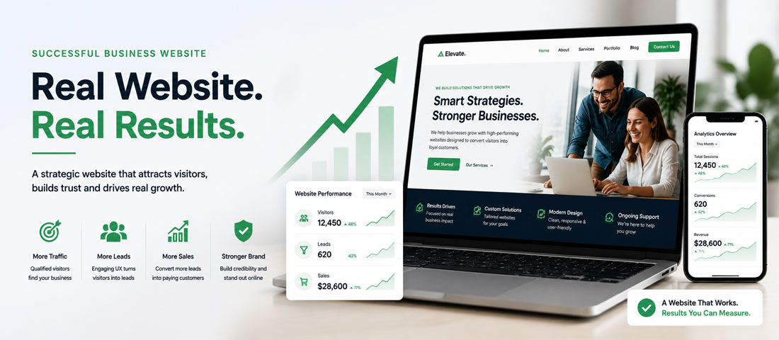 Final image showing a successful business website producing measurable results including organic search traffic, converted leads and revenue growth over time, demonstrating the outcome that a properly-built website can produce