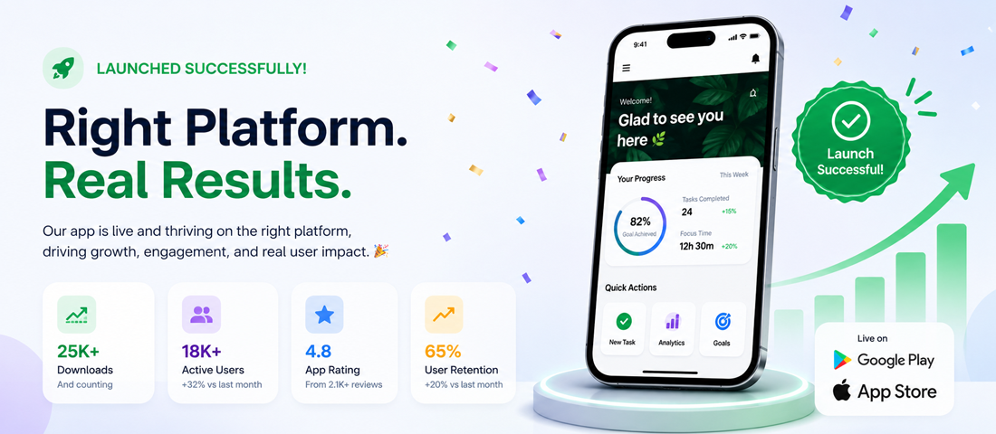 Final image showing a mobile app successfully launched on the strategically chosen first platform with positive download, engagement and revenue metrics indicating the platform decision was the right one