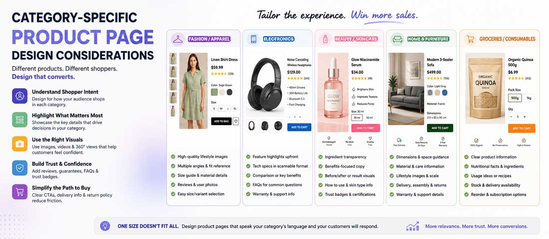 Category-specific product page design considerations