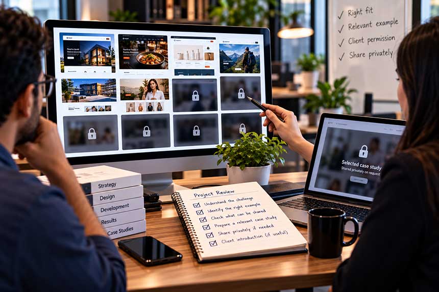Project screens laid out for review on a table
